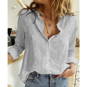 Solid Linen Button Down Shirt, Casual Loose Long Sleeve Plus-size Shirt